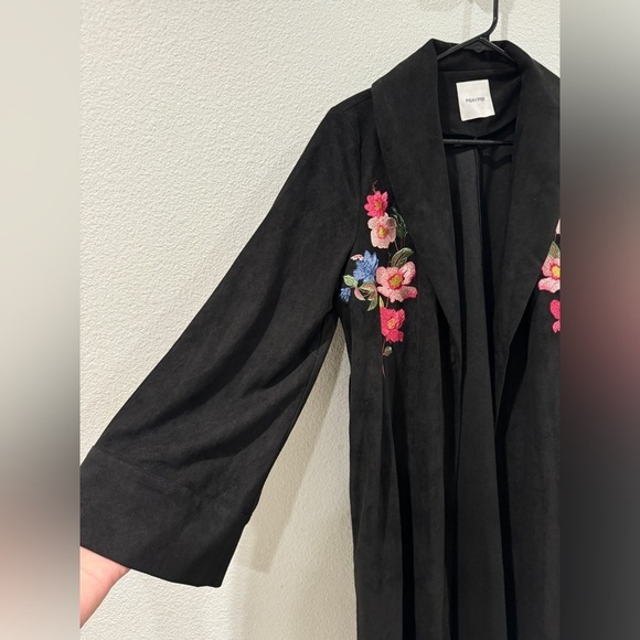 Fig & Viper Black Embroidered Floral Longline Faux Suede Boho Trench Coat Large - Picture 3 of 15